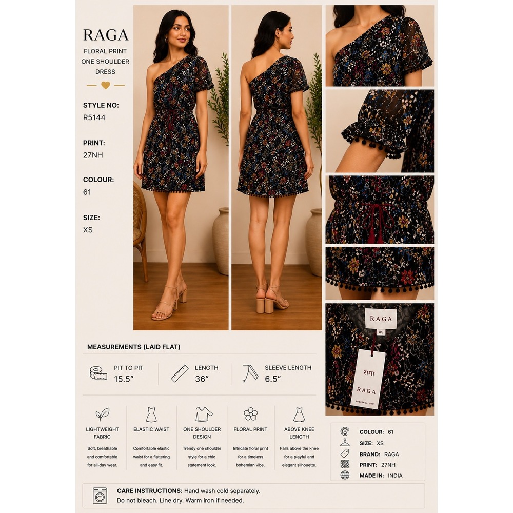 Anthropologie RAGA NWT Black Floral One Shoulder Mini Dress Pom Pom XS